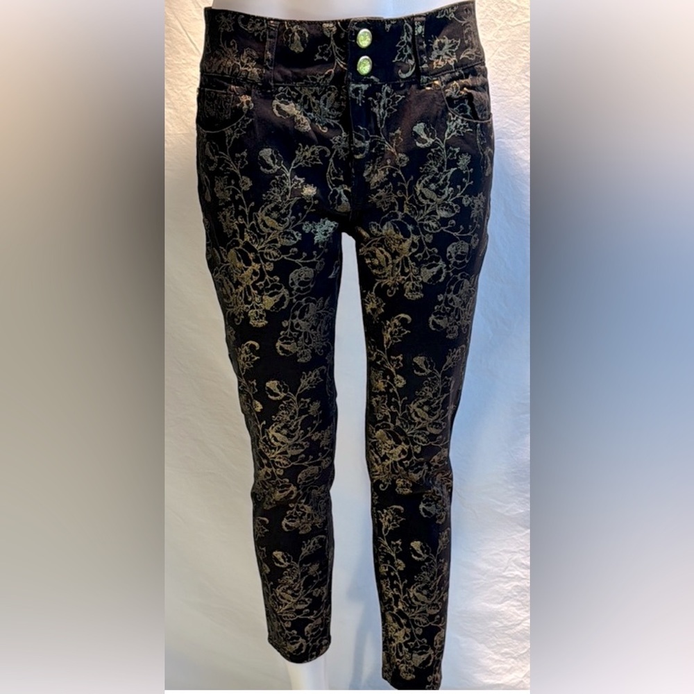 Thalia Sodi Black and Gold Floral Ankle Jeans